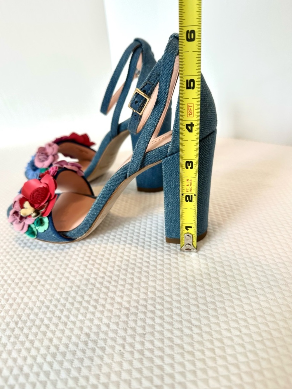 Kate Spade NY RARE Blue Denim Block Heel Sandals with Floral Appliqué Festive - Picture 10 of 10